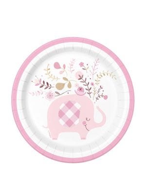 Pink Floral Elephant Paper Plates - 18cm (8pk)