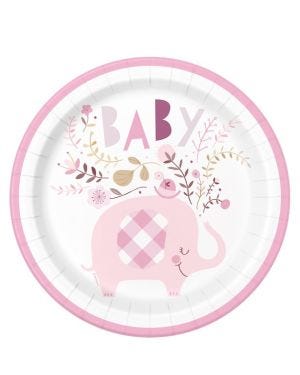 Pink Floral Elephant Paper Plates - 23cm (8pk)