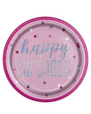 Pink Holographic &#039;Happy Birthday&#039; Paper Plates - 23cm (8pk)
