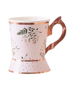 Rose Gold Floral Paper Tea Cups -255ml (8pk)