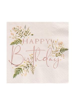 Rose Gold Floral &#039;Happy Birthday&#039; Paper Napkins - 33cm (16pk)