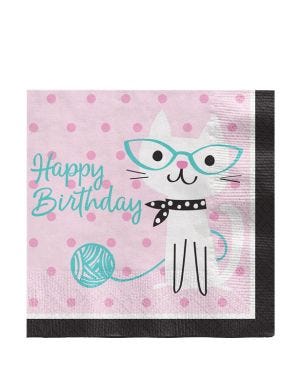 Purr-fect Party &#039;Happy Birthday&#039; Paper Napkins - 33cm (16pk)