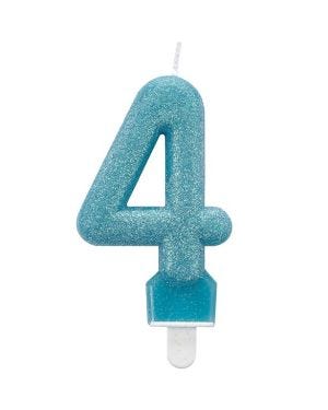 Blue Glitter Number 4 Candle - 7.5cm