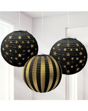 Black and Gold Hanging Paper Lanterns (3pk)