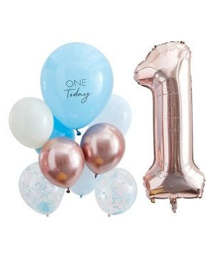 Blue &amp; Rose Gold 1 Today Balloon Bundle