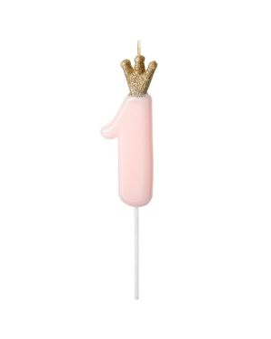 Pastel Pink Crown Number 1 Candle - 9.5cm