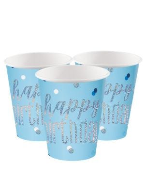 Blue Holographic &#039;Happy Birthday&#039; Paper Cups - 266ml (8pk)
