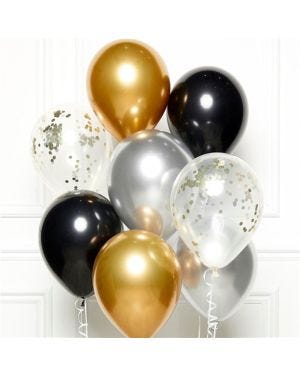Black Gold &amp; Silver Balloons with Ribbon - 11&quot; Latex (8pk)