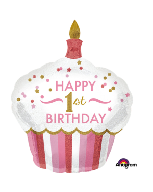 1st Birthday Girl Cupcake Supershape Balloon - 29&quot;