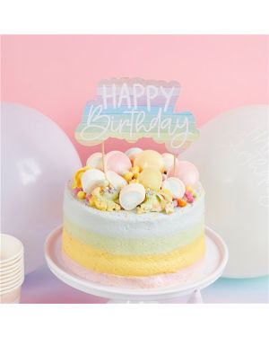 Eco Pastel Rainbow Happy Birthday Paper Cake Topper - 21cm