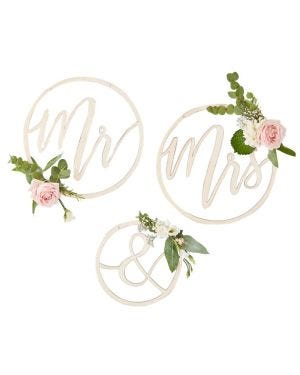 Gold Wedding Mr &amp; Mrs Wooden Hoop Decorations - 35cm (3pk)