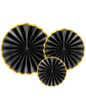 Black &amp; Gold Paper Fans (3pk)