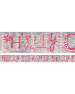 Pink &#039;Happy Christening&#039; Holographic Foil Banner - 2.7m