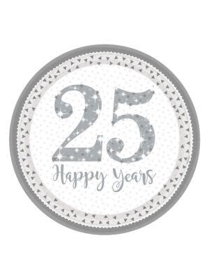 25th Silver Sparkling Wedding Anniversary Plates - 23cm Paper Plates (8pk)