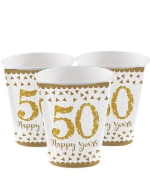 50th Gold Sparkling Wedding Anniversary Paper Cups - 266ml (8pk)