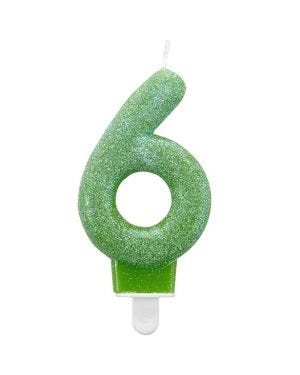 Green Glitter Number 6 Candle - 7.5cm