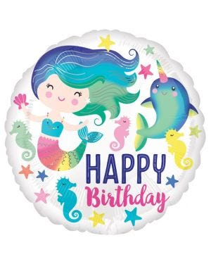 Mermaid &amp; Narwhal Happy Birthday Balloon - 18&quot; Foil