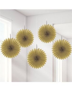 Gold Paper Fan Decorations - 15cm (5pk)