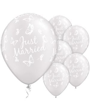 Just Married Butterflies Pearl White Wedding Balloons - 11&quot; Latex (25pk)