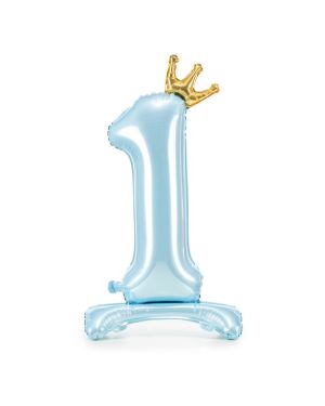 Number 1 Pastel Blue Crown Standing Foil Balloon - 33&quot;