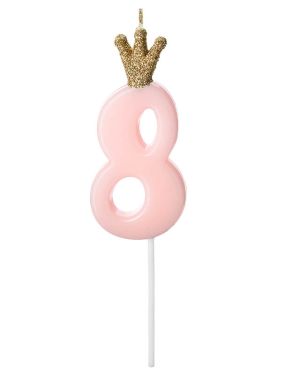 Light Pink Number 8 Candle with Crown - 9.5cm