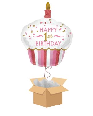 Pink First Birthday Cupcake Shaped Supershape Balloon - Delivered Inflated