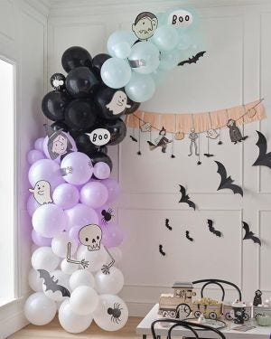 Multicoloured Halloween Balloon Arch with Card Characters