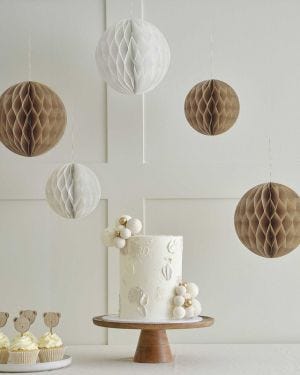 Teddy Bear Neutral Paper Honeycomb Decorations (5pk)