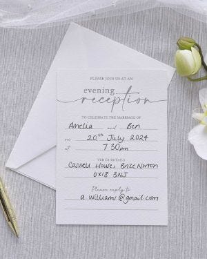 White Evening Wedding Reception Invitations with Envelopes - 17.7cm x 12.7cm (10pk)