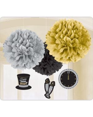 Metallic New Year&#039;s Eve Pom Pom Decorations - 40cm (3pk)