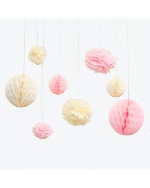 Pink Pompom and Honeycomb Paper Hanging Decorations (8pk)