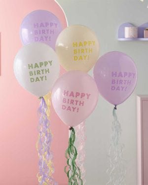 Pastel Wave &#039;Happy Birthday&#039; Balloons with Tissue Paper Tails - 12&quot; Latex (5pk)