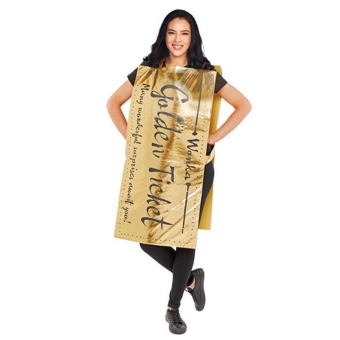 register salvage Biscuit Roald Dahl Golden Ticket - Adult Costume | Party Delights